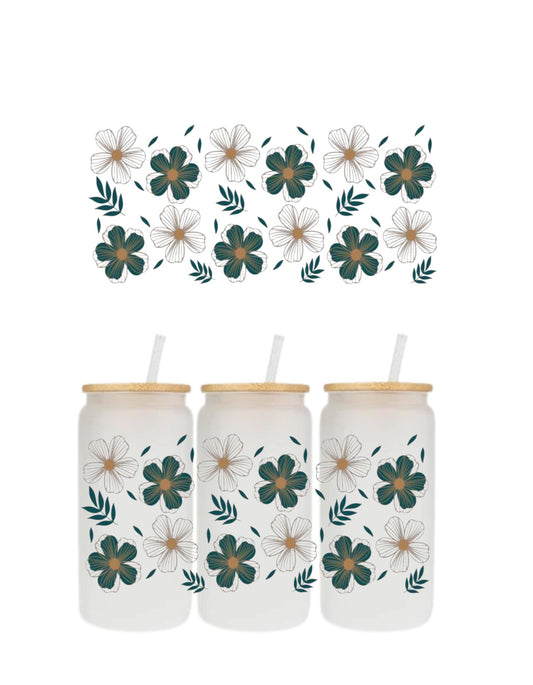 Floral Frosted Glass Cup with Straw & Lid