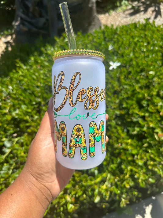 Blessed Mama Frosted Glass Cup with Straw & Lid